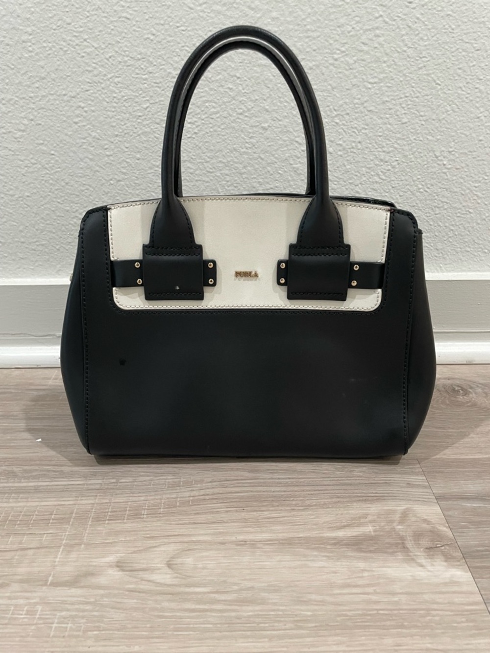 Furla Black and Cream Structured Leather Satchel